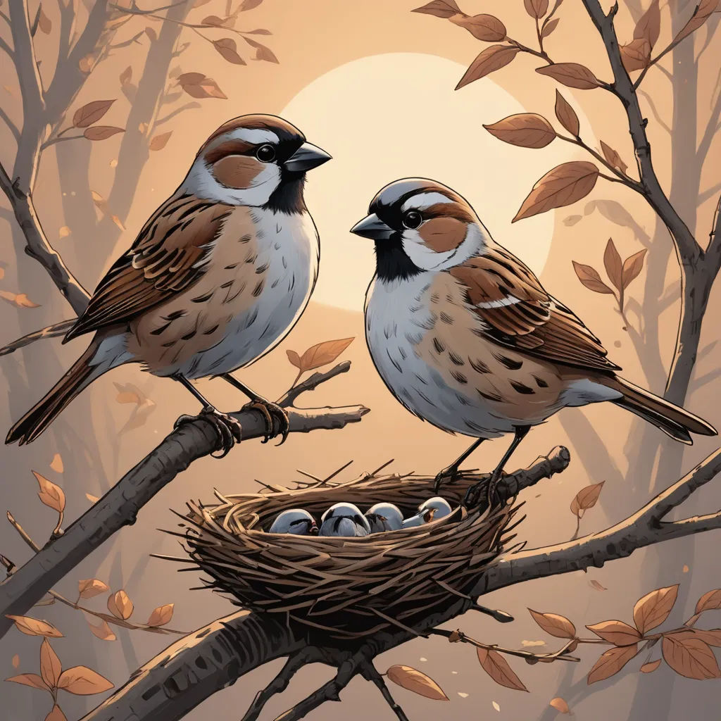 two birds sitting on a branch with a nest in front of them with eggs in it and a full moon in the background, magic realism, a storybook illustration, Dan Mumford, birds