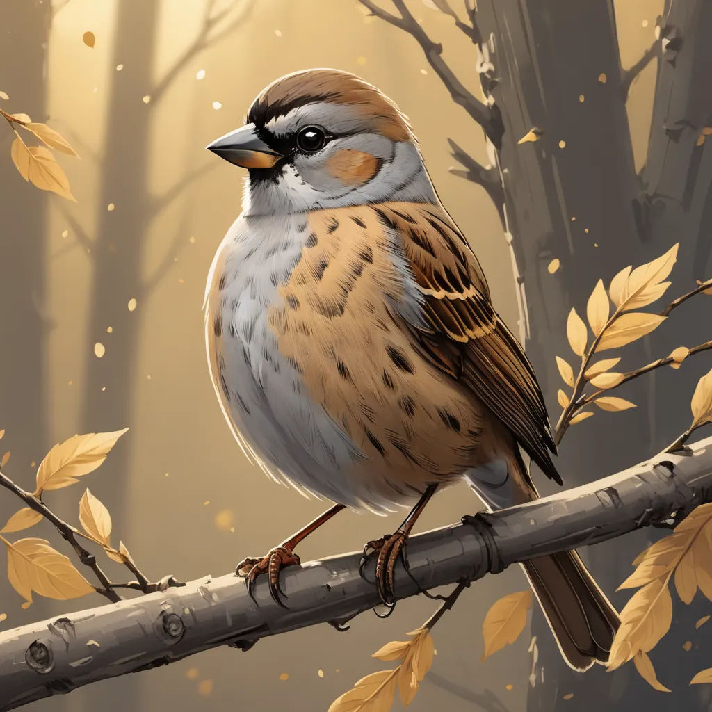 a bird sitting on a branch in a forest with yellow leaves on it's branches and a yellow sky in the background, altermodern, a digital painting, Dan Mumford, birds