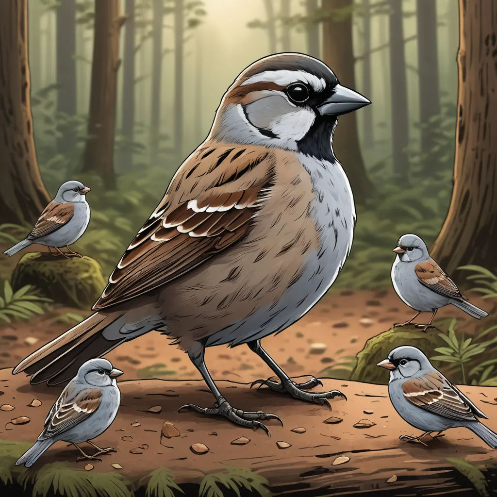 a group of birds standing on a log in a forest with trees and leaves on the ground and a sun shining through the trees, primitivism, an illustration of, Dan Mumford, birds