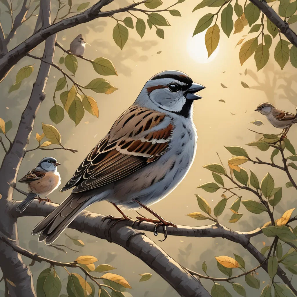 a painting of two birds perched on a tree branch with leaves and a sun in the background with a full moon, american scene painting, a storybook illustration, Dan Mumford, birds
