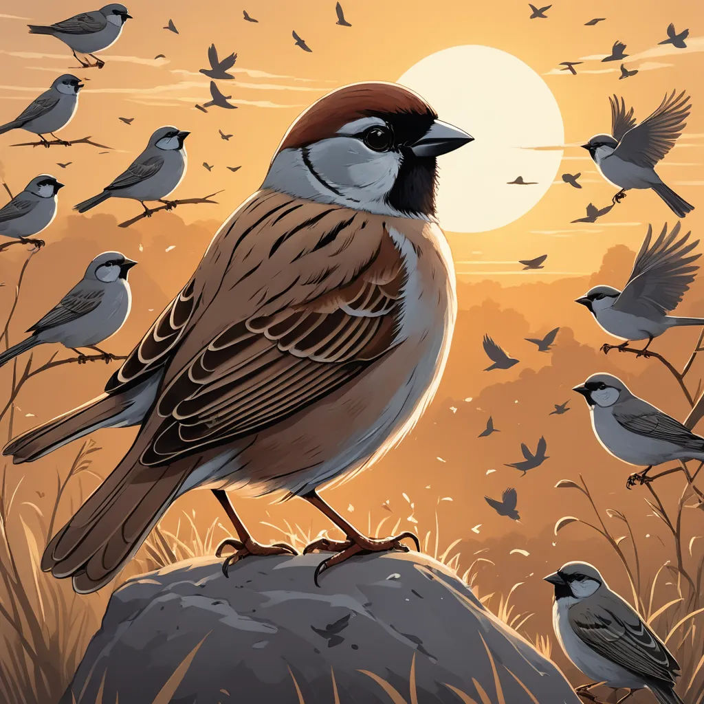 a bird sitting on a rock with many birds flying around it in the background of a sunset sky and a field, private press, a storybook illustration, Dan Mumford, birds