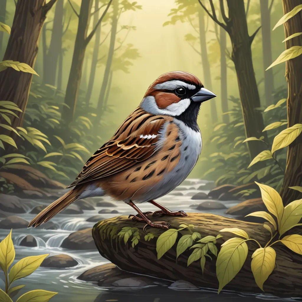 a bird sitting on a rock in a forest with a stream running through it and trees and leaves surrounding it, magic realism, a digital painting, Bob Thompson, birds