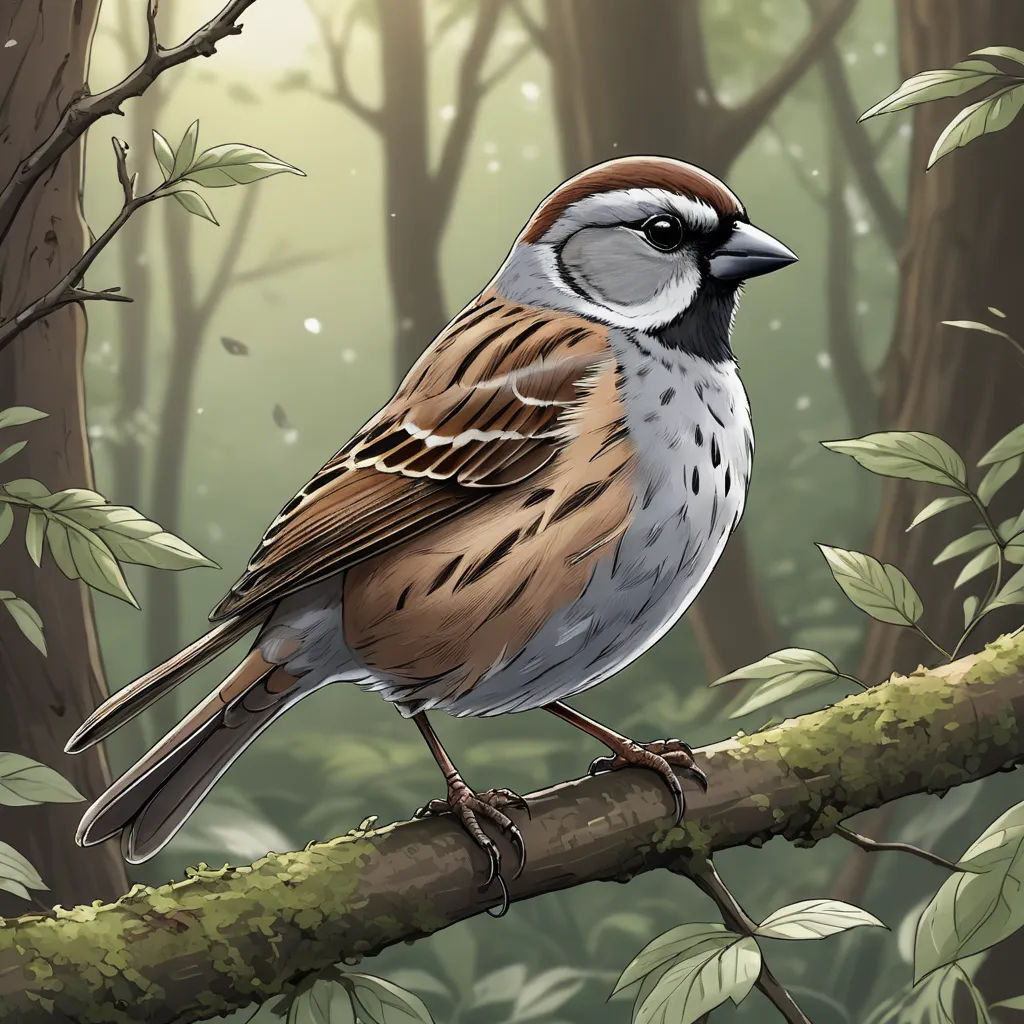 a bird sitting on a branch in a forest with leaves and trees in the background, with a sunbeam in the foreground, photorealism, an illustration of, Chica Macnab, birds