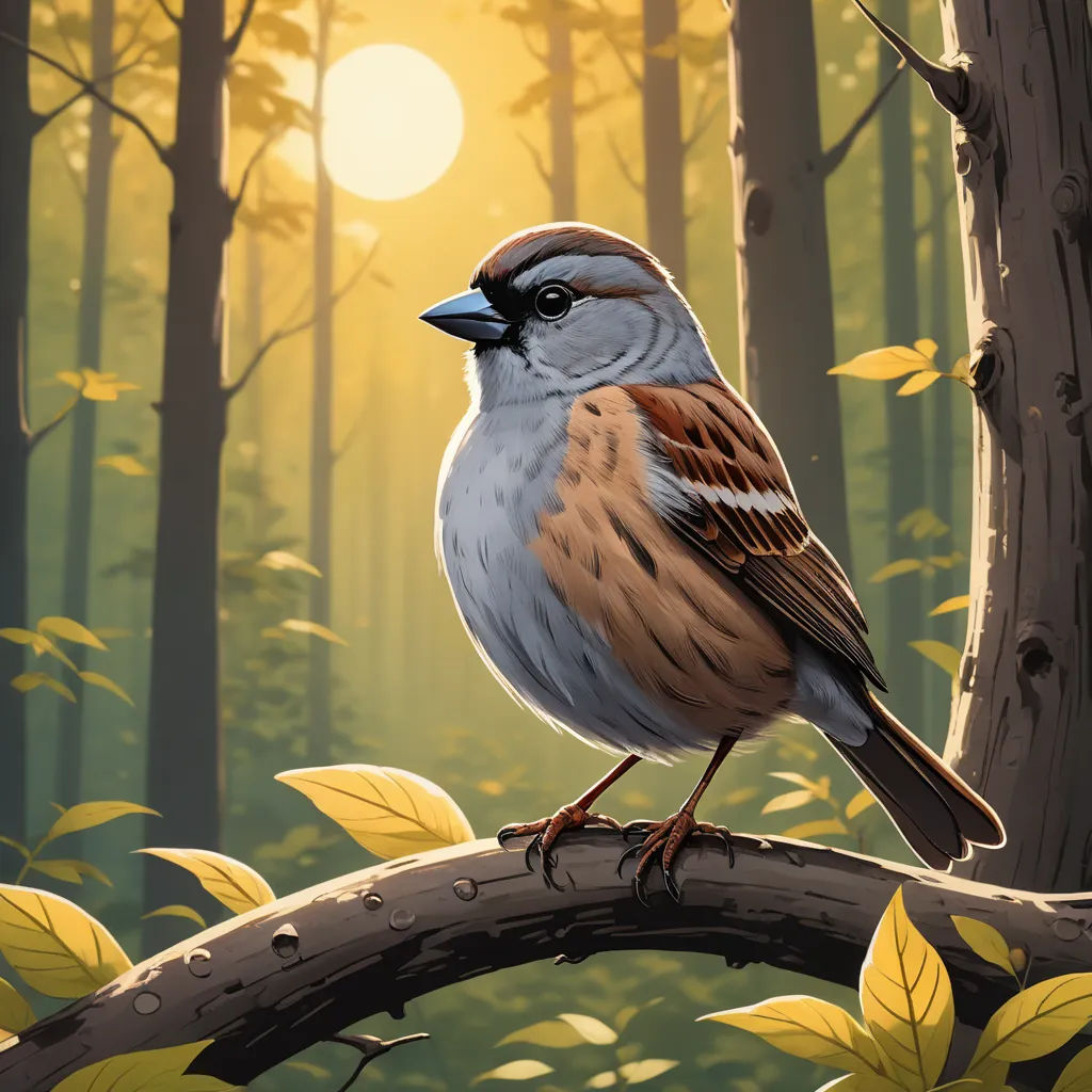 a bird sitting on a branch in a forest with leaves and a sun in the background with a sunbeam, fantasy art, a storybook illustration, Dan Mumford, birds