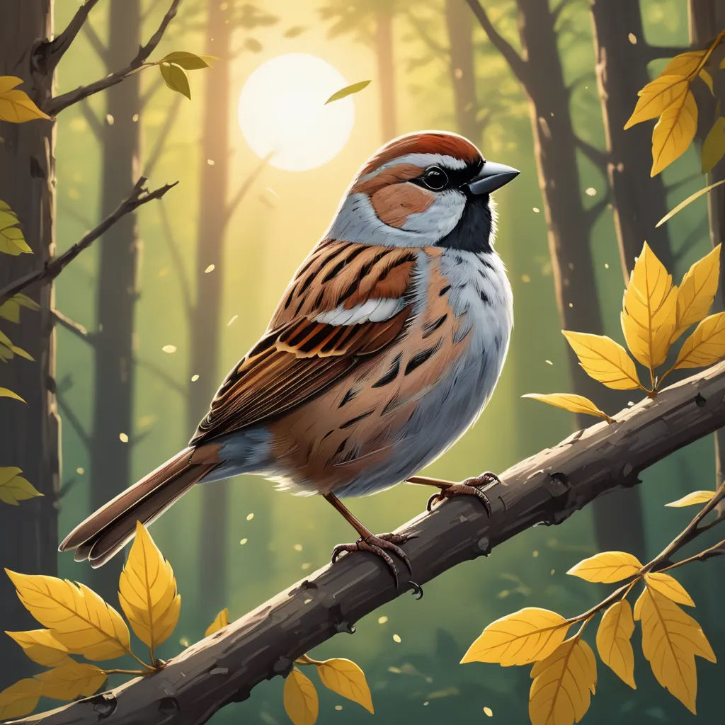 a bird sitting on a branch in a forest with leaves and a sun in the background with a bright light, altermodern, a digital painting, Dan Mumford, birds