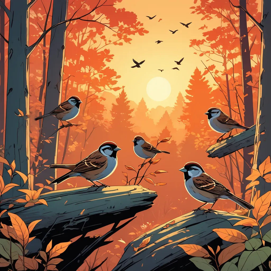 a painting of birds sitting on a log in a forest at sunset with a flock of birds flying overhead, environmental art, a storybook illustration, Dan Mumford, birds