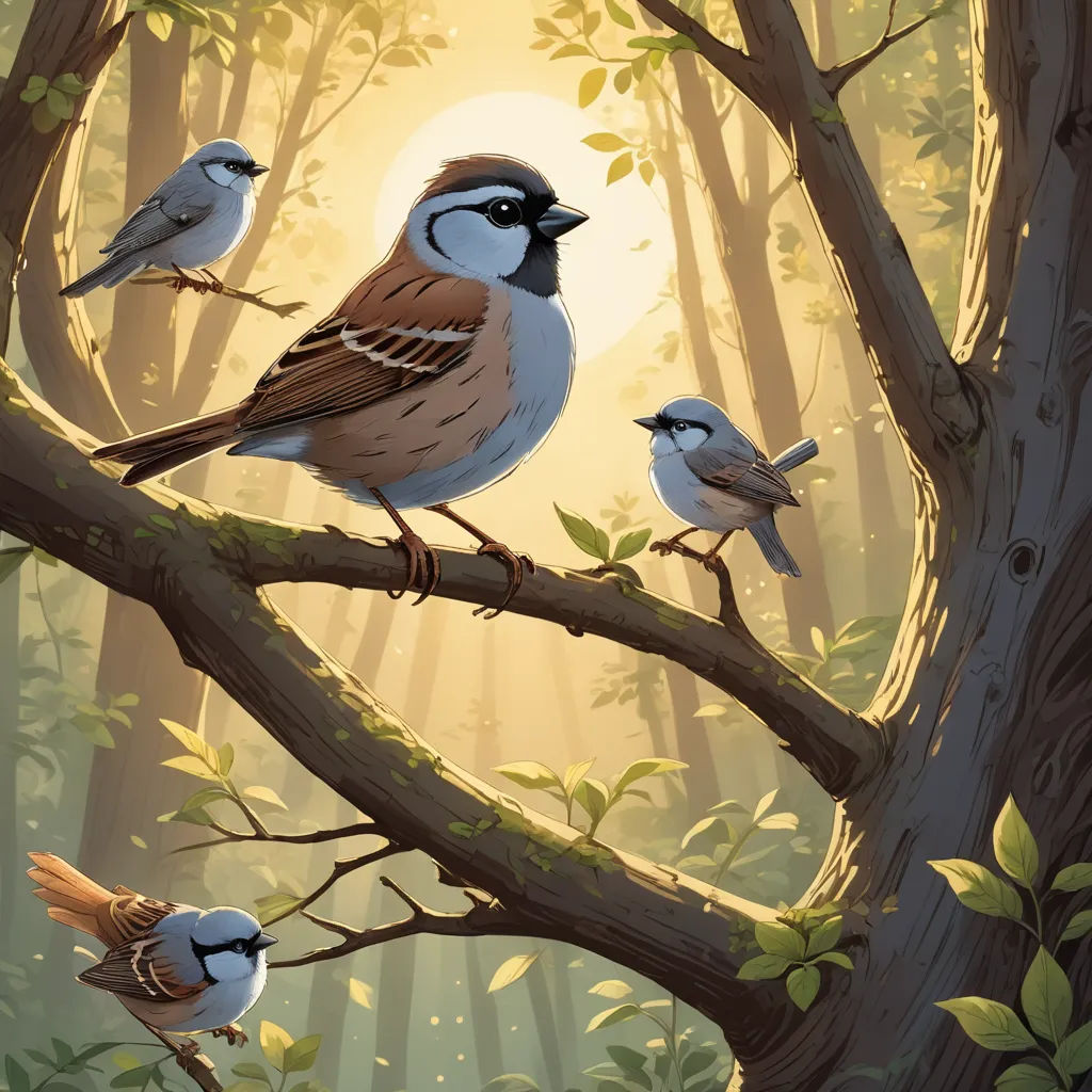 a painting of birds perched on a tree branch in a forest with the sun shining through the trees behind them, plein air, a storybook illustration, Dan Mumford, birds