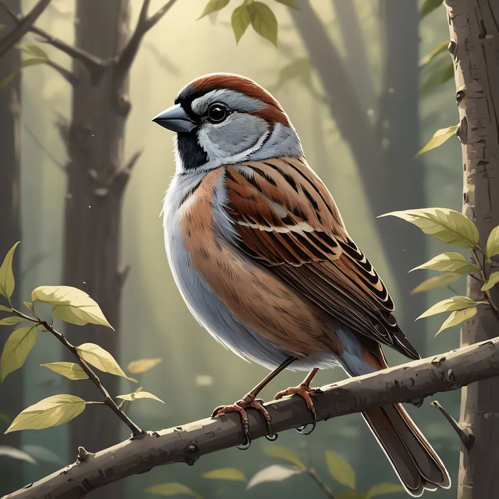 a bird sitting on a branch in a forest with trees and leaves in the background, with sunlight coming through the leaves, photorealism, a digital painting, artist, birds