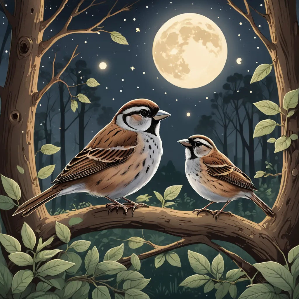 two birds sitting on a branch in front of a full moon and tree branch with leaves on it, with a full moon in the background, fantasy art, a storybook illustration, Dan Mumford, birds