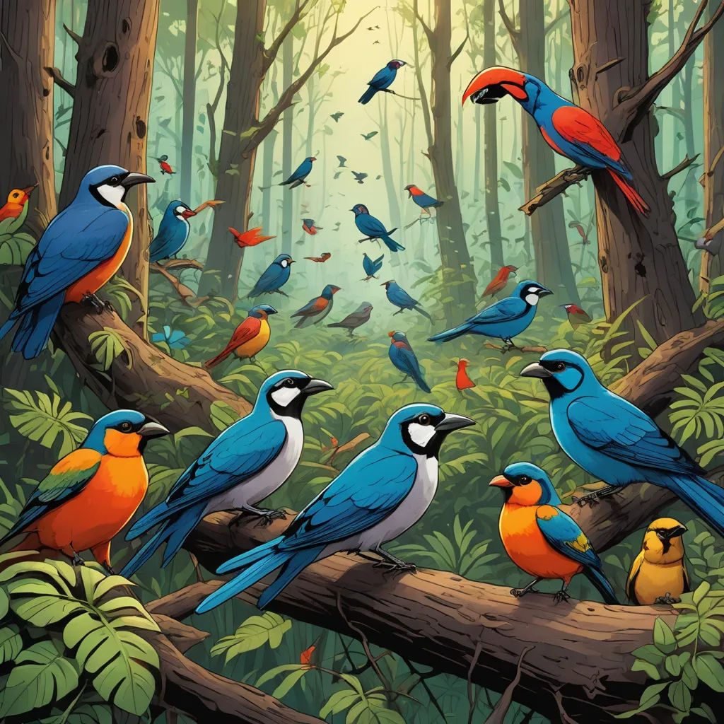 a painting of a forest with many birds on a branch and a bird in the middle of the picture, primitivism, a storybook illustration, Dan Mumford, birds