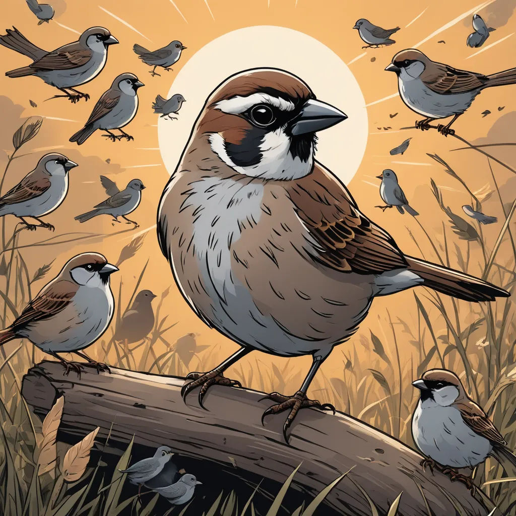 a bird sitting on a branch with many birds around it in the background of a sunset sky and grass, private press, a comic book panel, Dan Mumford, birds