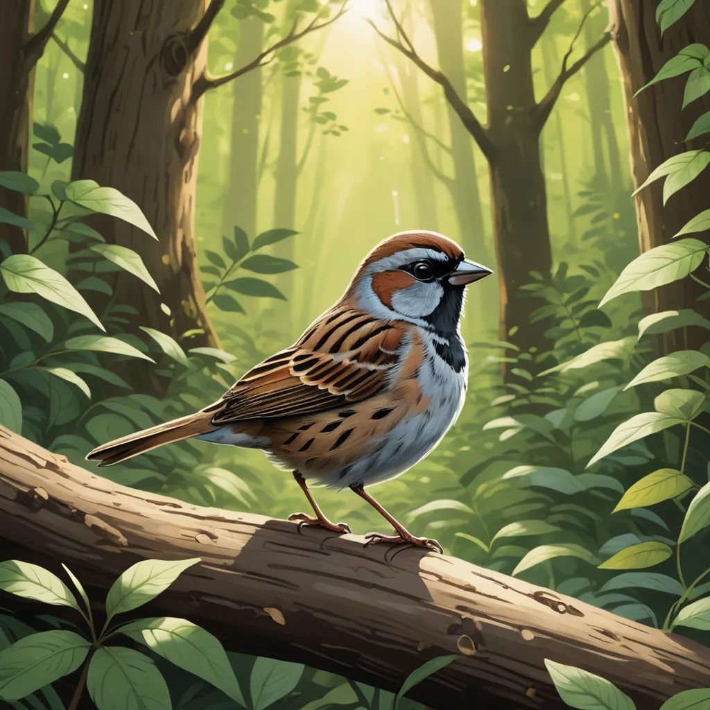a bird sitting on a tree branch in a forest with sunlight shining through the trees and leaves surrounding it, altermodern, a digital painting, Dan Mumford, birds