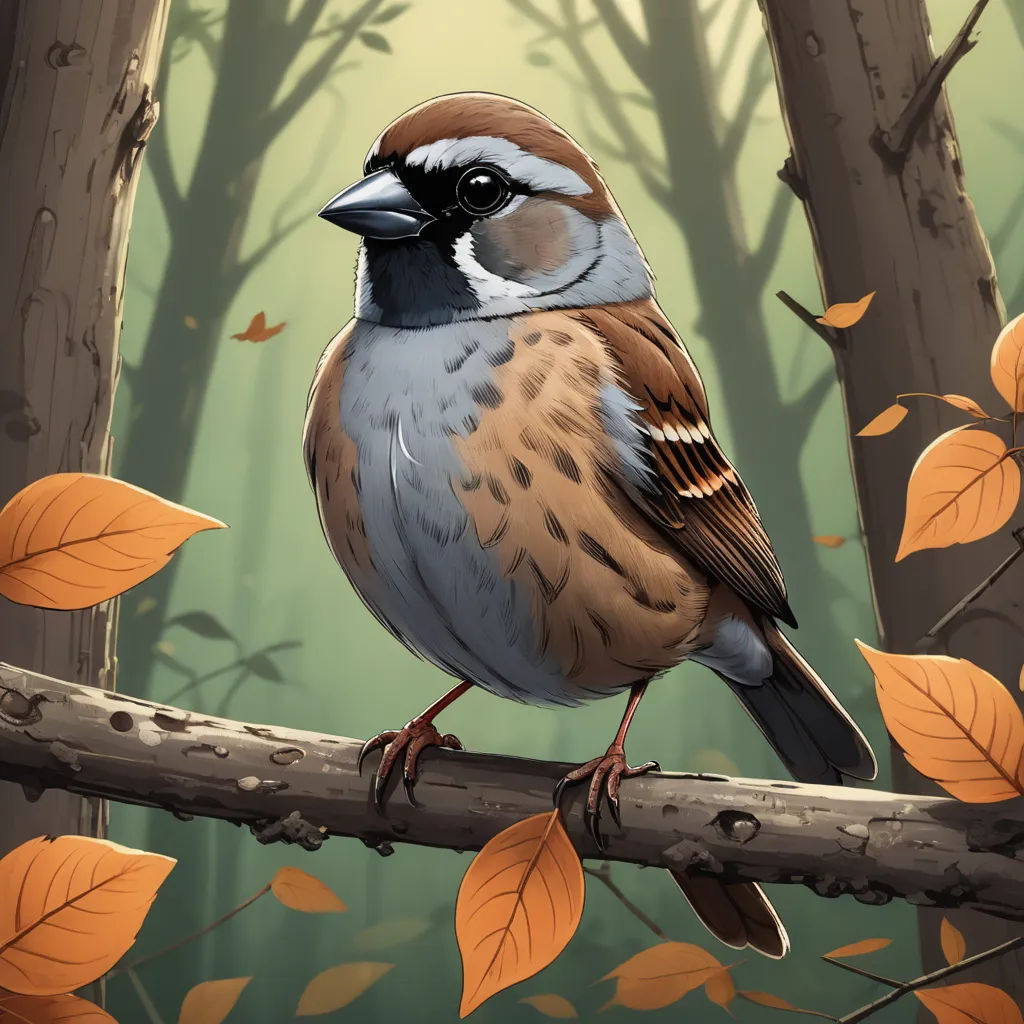 a bird sitting on a branch in a forest with leaves on the ground and a background of trees and leaves, serial art, a digital painting, Dan Mumford, birds