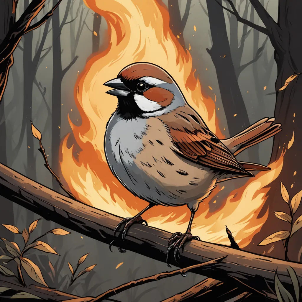 a bird sitting on a branch in front of a fire in the woods with a branch in the foreground, altermodern, a comic book panel, Chip Zdarsky, laurie greasley