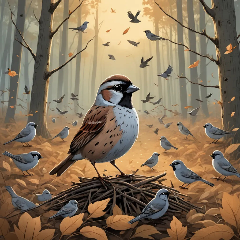 a painting of a bird sitting on a nest in a forest with many birds flying around it and a sun shining through the trees, environmental art, a storybook illustration, Dan Mumford, birds