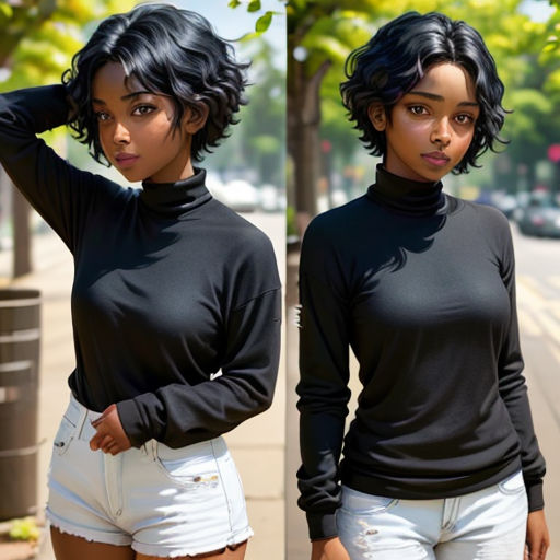 a woman in black shirt and white shorts posing for a picture on the street with her hand on her head