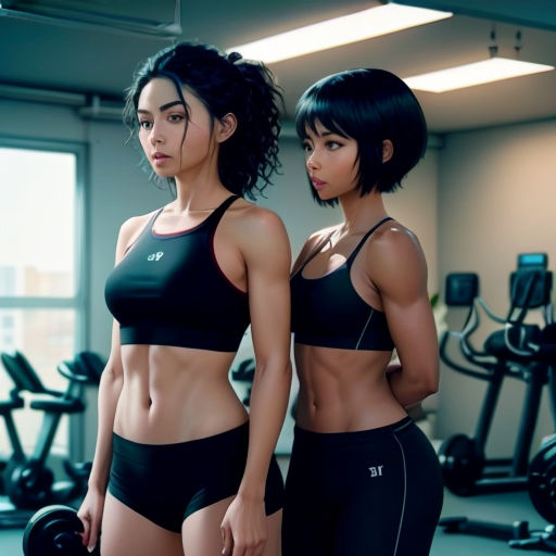 two women in sports bras standing in a gym with dumbbells and exercise equipment behind them,