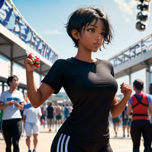 a woman holding a red object in her hand while standing on a tennis court with other people in the background