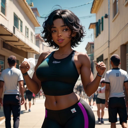a woman in a sports bra top and shorts posing for a picture on a city street with other people