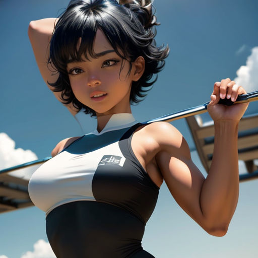 a woman in a black and white outfit holding a surfboard in her hands and posing for a picture