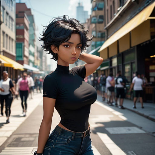a woman in a black top is standing on a street corner with her hand on her head and her hand on her head
