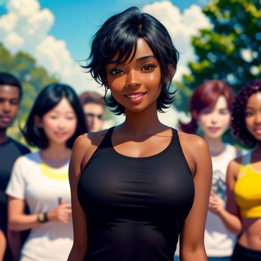 a woman standing in front of a group of people in a park with trees and bushes in the background