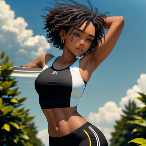 a woman with dreadlocks is posing for a picture in a sports bra top and shorts with a surfboard