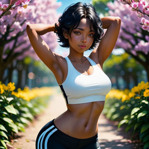 a woman in a white top and black shorts posing for a picture in front of a flowering tree with pink flowers