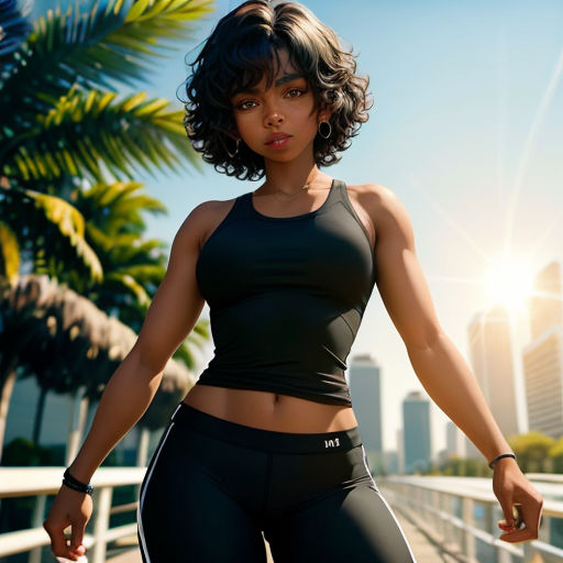 a woman in a black sports bra top and black leggings is walking across a bridge with palm trees in the background
