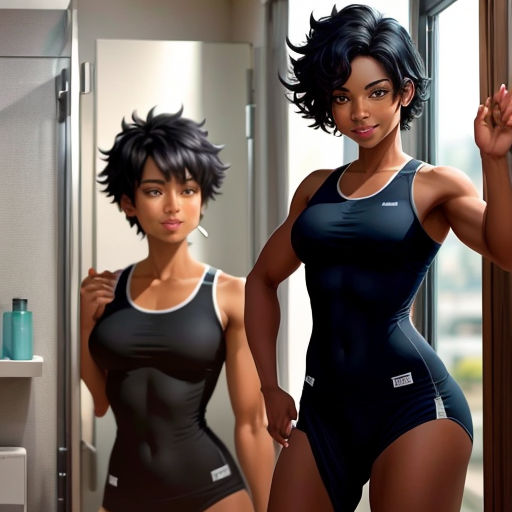 a couple of women standing next to each other in a bathroom together, one of them is wearing a black swimsuit