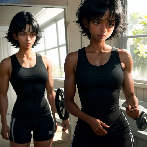 a woman in a black top and a woman in a black top with a dumbbell in front of a mirror