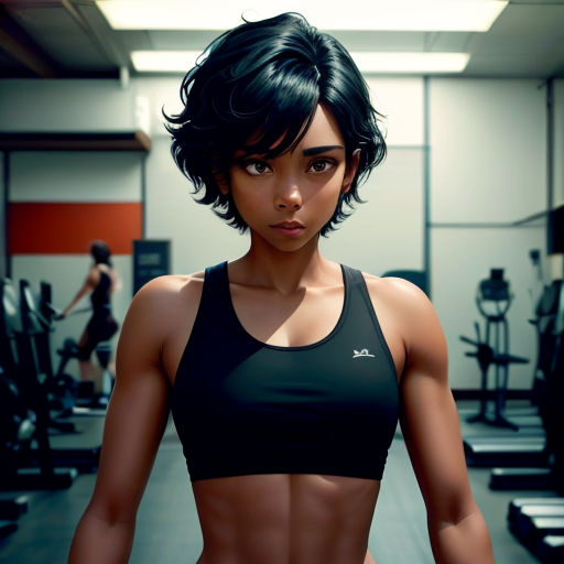 a woman in a black sports bra top in a gym setting with a man in the background in a gym