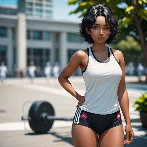 a woman in a white tank top and black shorts standing in front of a barbell barbell bar