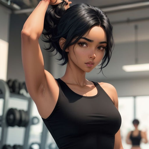 a woman in a black top is holding a dumb bar in a gym with a man in the background