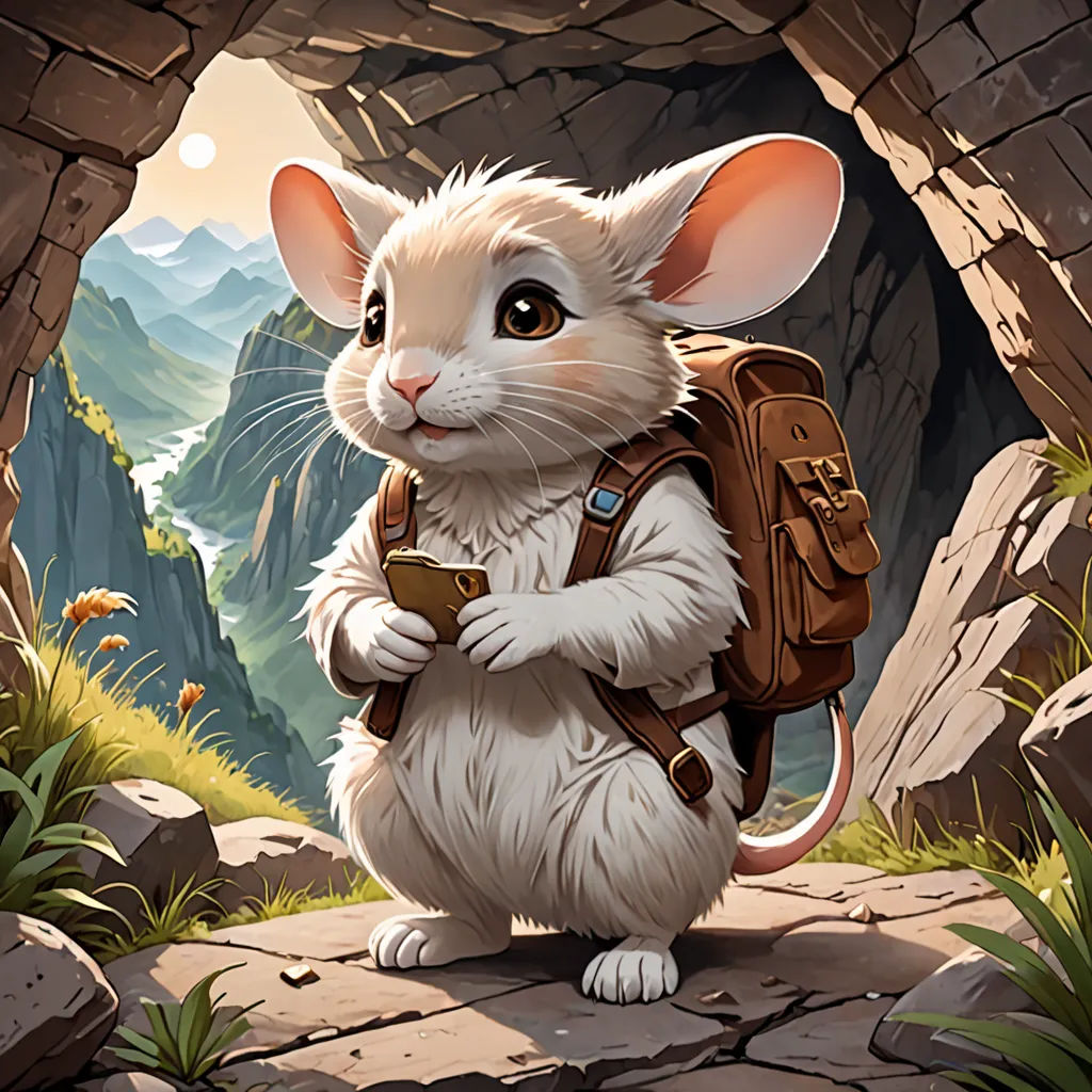 a cartoon mouse with a backpack standing in a cave with mountains in the background and a bird flying overhead, a character portrait, magic the gathering artwork, altermodern, Chris LaBrooy