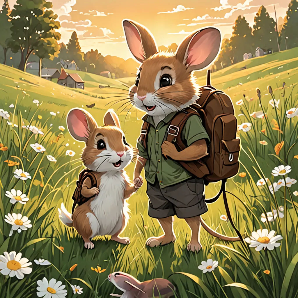 a painting of a mouse and a bunny in a field of flowers with a house in the background and a sunset, a storybook illustration, official art, altermodern, Chris LaBrooy