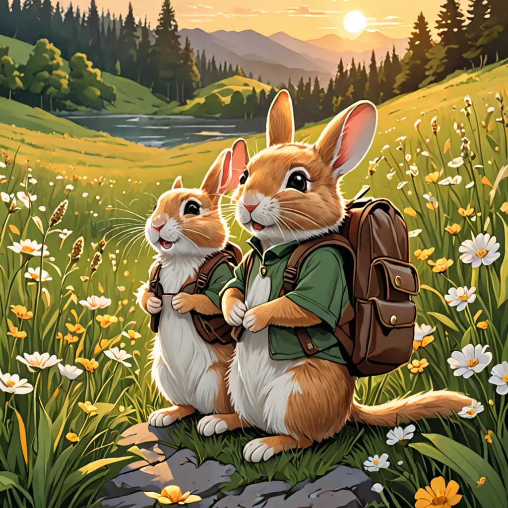 a painting of two rabbits in a field of flowers with a backpack on their back, with a sunset in the background, a storybook illustration, official art, furry art, Chris LaBrooy