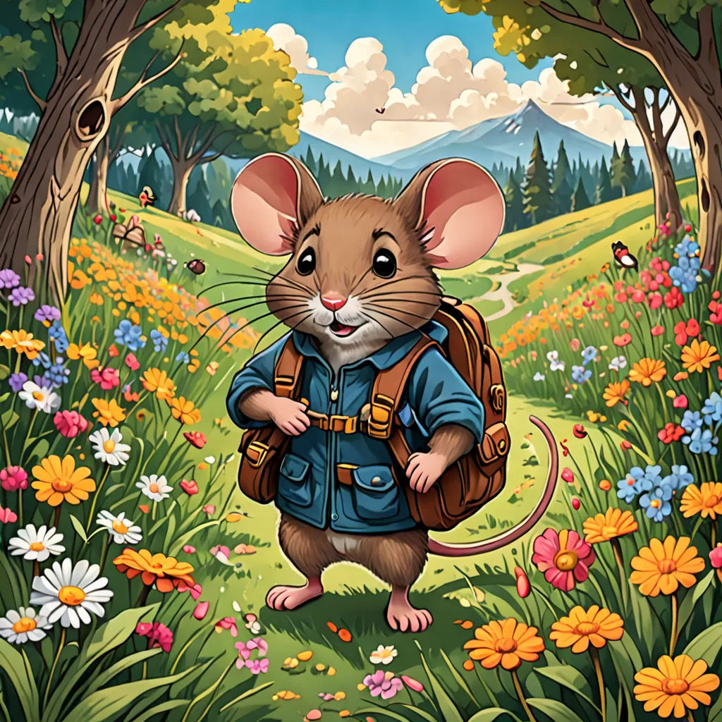 a mouse with a backpack in a field of flowers and trees with a mountain in the background and a forest with flowers, a storybook illustration, storybook illustration, sots art, Chris LaBrooy