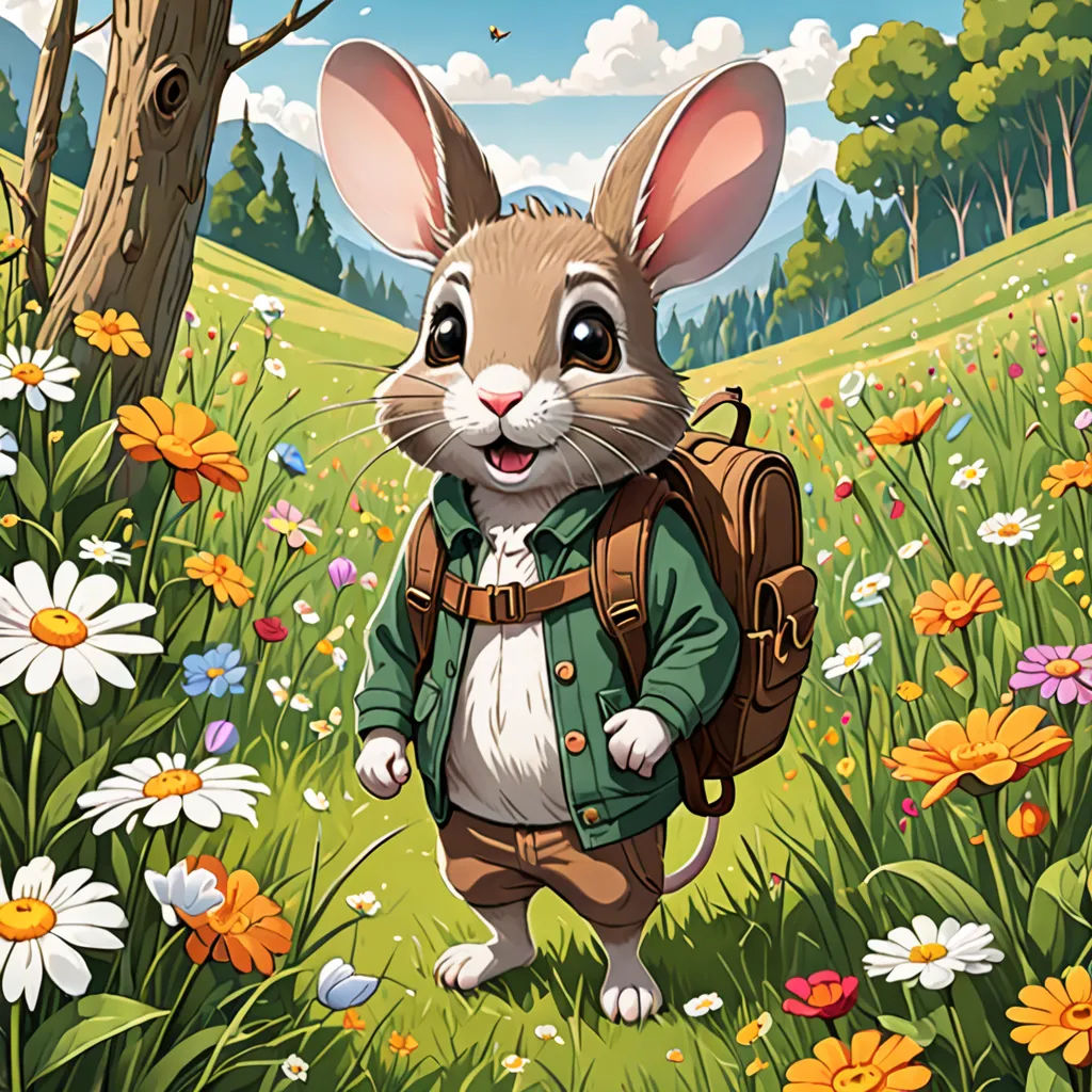 a cartoon mouse with a backpack in a field of flowers and trees with a sky background and a tree, a storybook illustration, official art, furry art, Chris LaBrooy