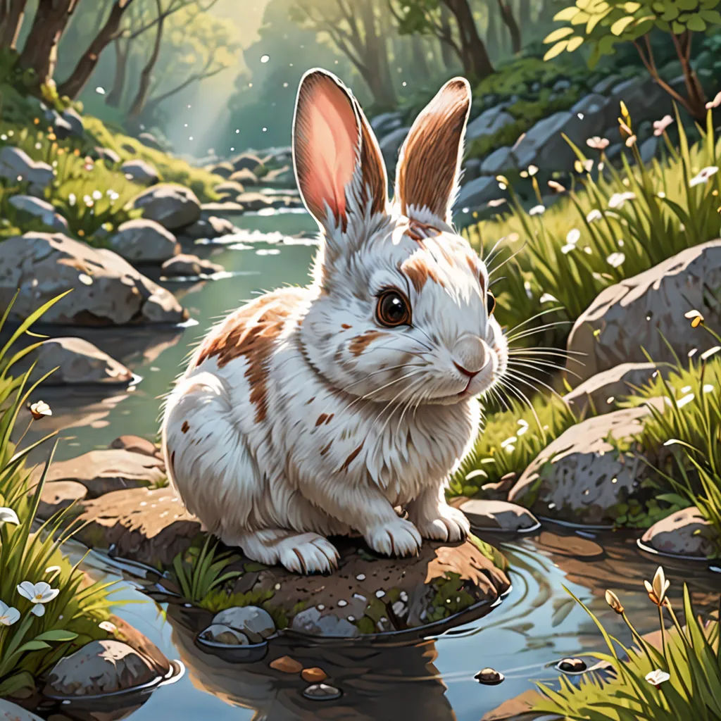 a painting of a rabbit sitting on a rock in a stream of water with grass and rocks around it, a detailed painting, rossdraws global illumination, fantasy art, Chris LaBrooy