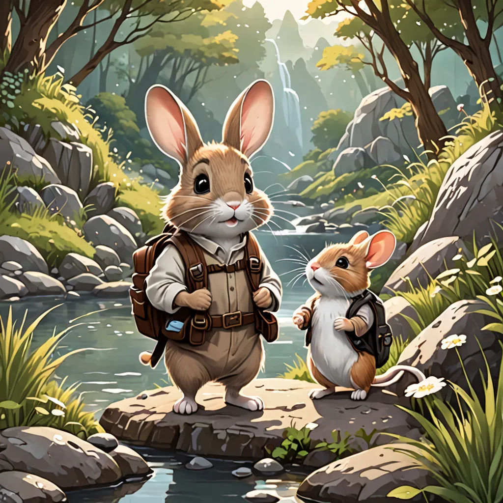a painting of a rabbit and a mouse standing on a rock in a forest with a stream running through it, a storybook illustration, rossdraws global illumination, fantasy art, Chris Rahn