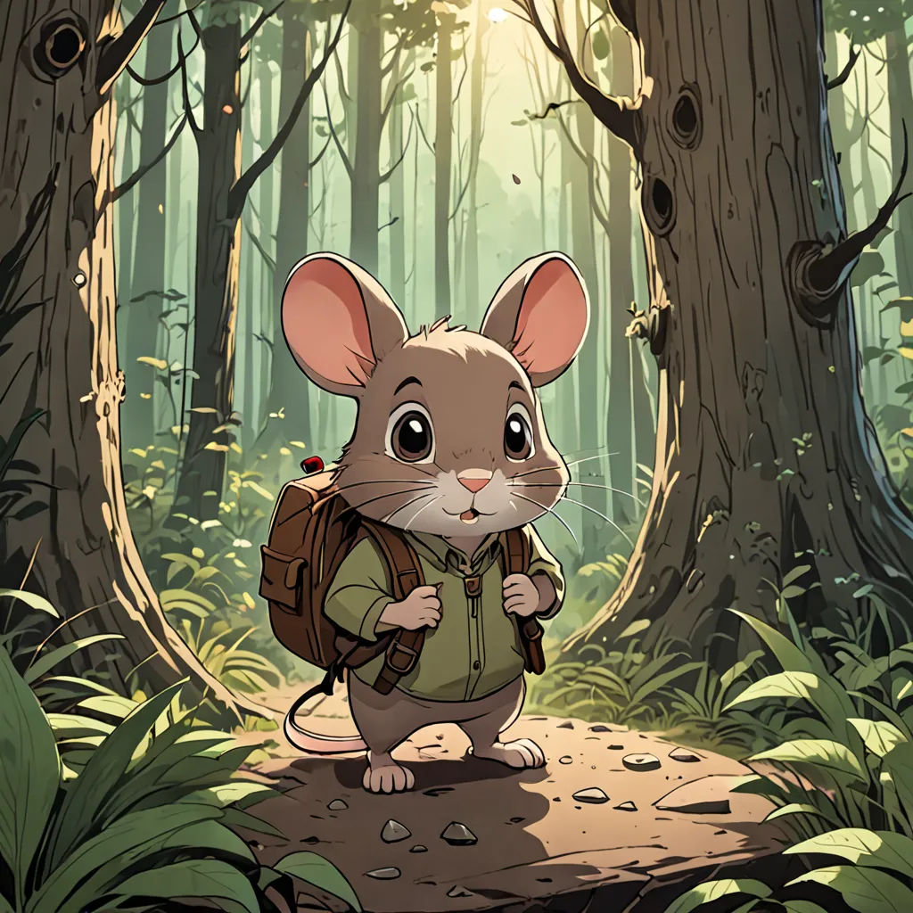 a mouse with a backpack in a forest with trees and grass, with sunlight coming through the trees, and a path leading to the mouse, a storybook illustration, rossdraws global illumination, furry art, Dan Mumford