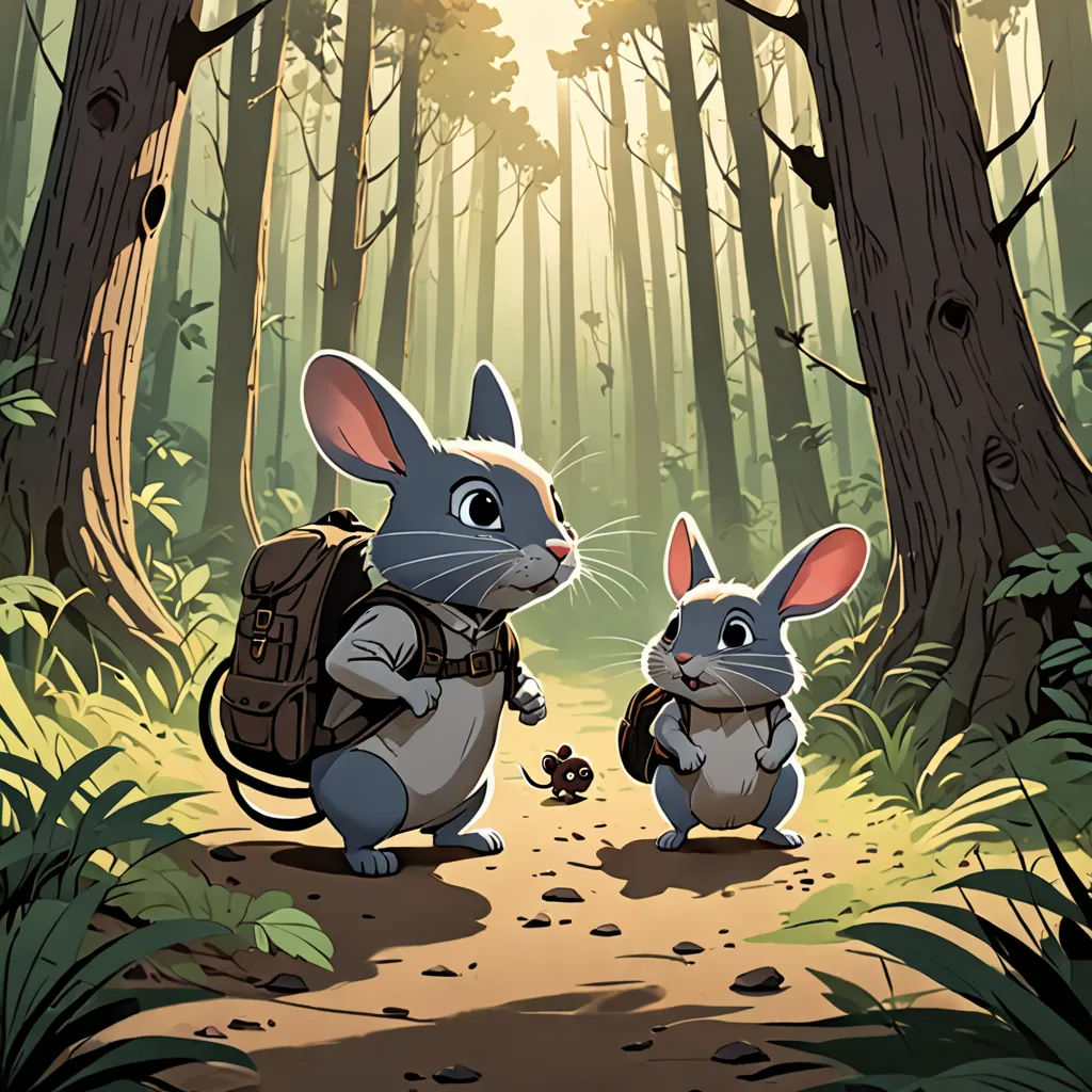 a couple of rabbits walking down a forest path next to a forest filled with trees and bushes, with a forest scene in the background, a storybook illustration, rossdraws global illumination, furry art, Dan Mumford