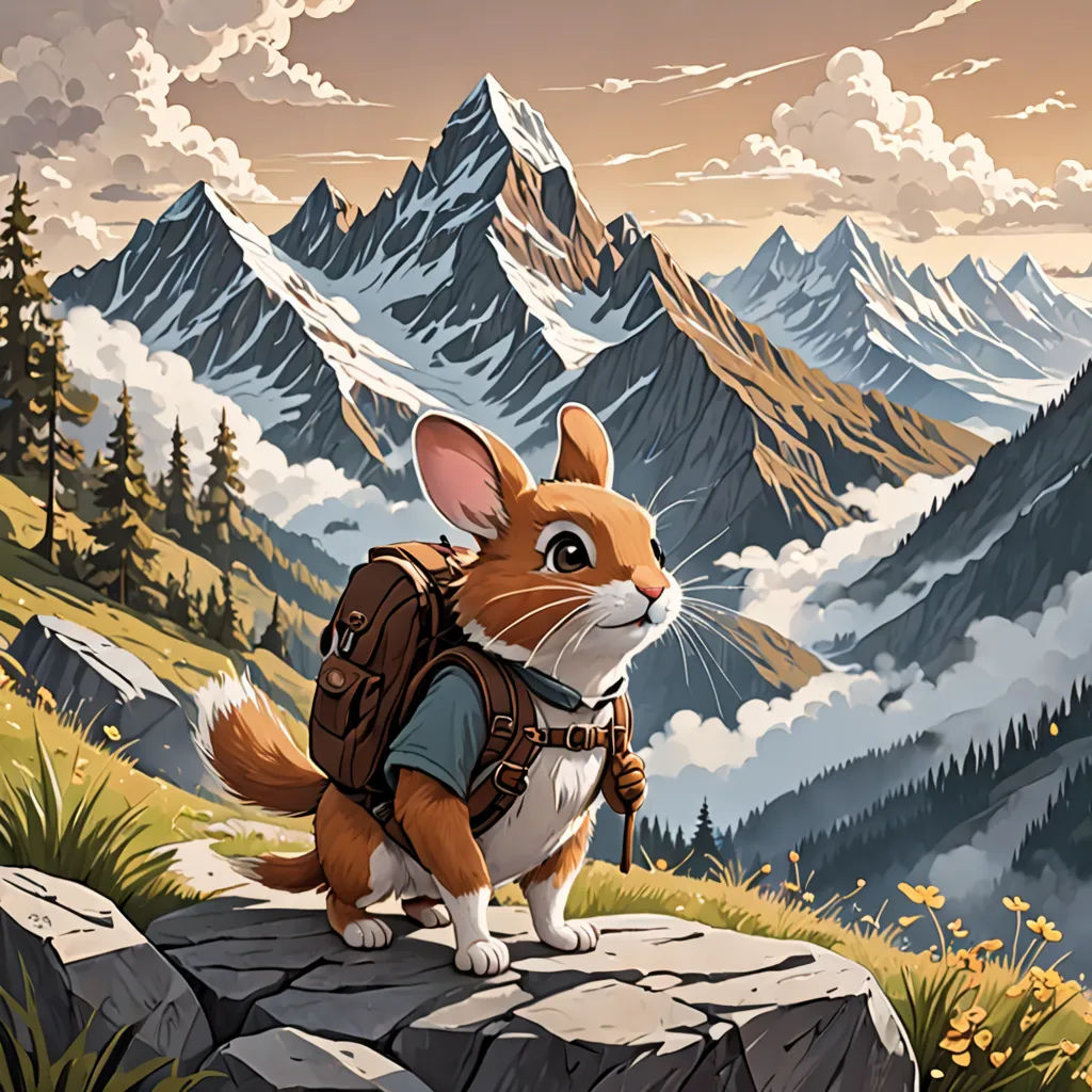 a cartoon of a brown and white rabbit with a backpack on a mountain top with a view of the mountains, a storybook illustration, trending on art station, furry art, Chris LaBrooy