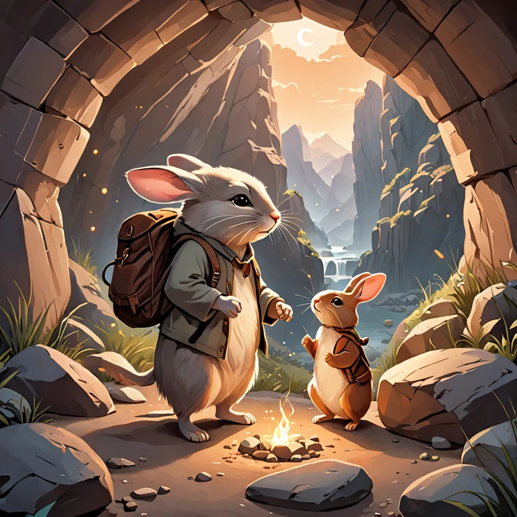 a rabbit and a mouse are sitting in a cave with a fire in it's mouth and a waterfall in the background, a storybook illustration, rossdraws global illumination, altermodern, Chris LaBrooy