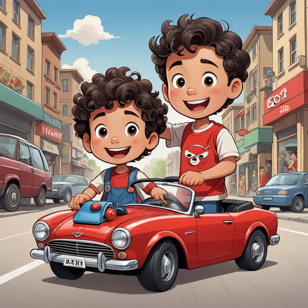 a boy and a girl are riding in a red car in the street of a city with cars and buildings, private press, a storybook illustration, Fathi Hassan, key art