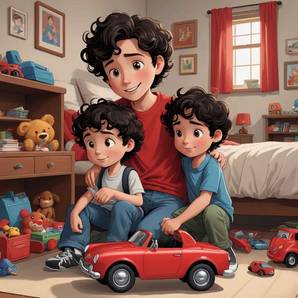 a man and two children are sitting on a bed in a room with toys and a red car in front of them, lyco art, a storybook illustration, Diego Gisbert Llorens, storybook illustration