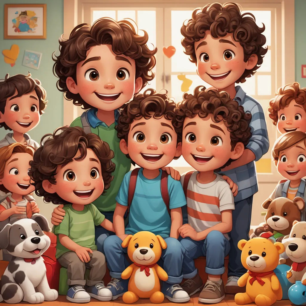 a family of five sitting together with stuffed animals and a dog in front of them, all smiling at the camera, lyco art, concept art, Diego Gisbert Llorens, key art