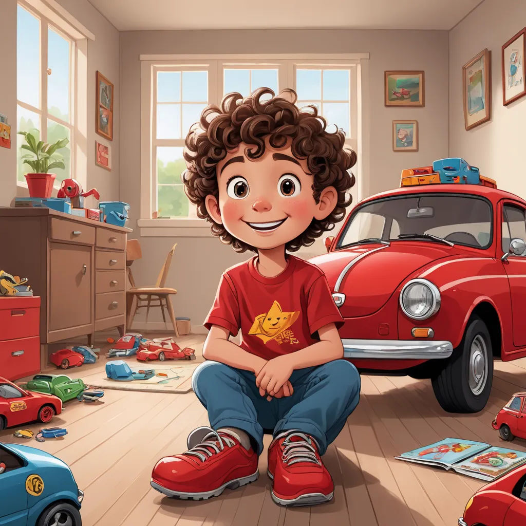 a cartoon boy sitting on the floor in a room with toys and a car in the background, with a red car in the foreground, photorealism, a storybook illustration, Diego Gisbert Llorens, promotional image