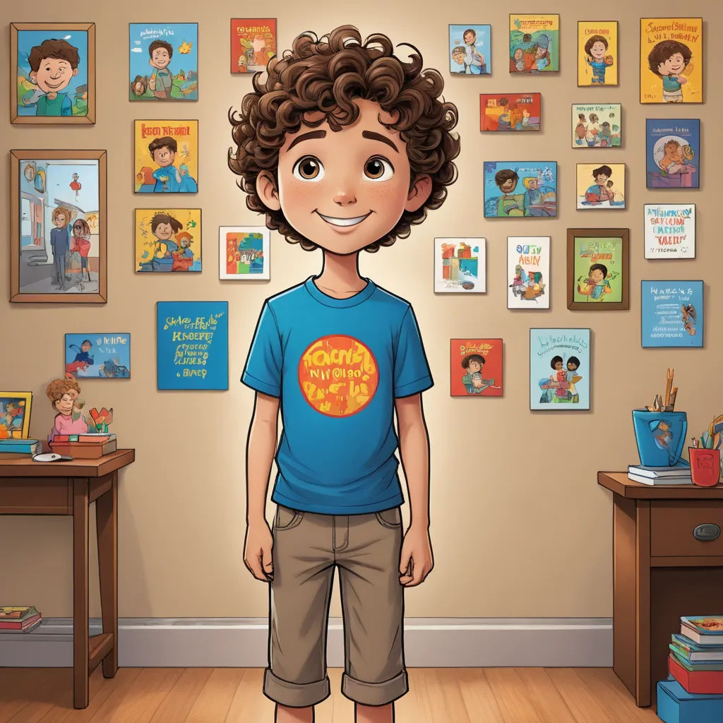a boy standing in front of a wall with pictures on it and a table with a book on it, sots art, a character portrait, David Park, book cover